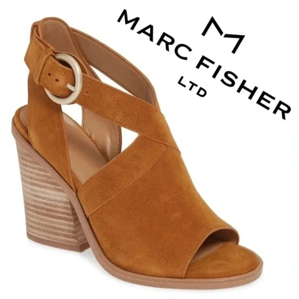 NEW, Marc Fisher, Vega, Suede Peep Toe Sandal, Stacked Block‎ Heel, Tan, Brown